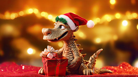 Symbolizing New Year and Christmas, a dragon adorned with a gift box epitomizes the idea of holiday shopping and the concept of sales.の素材