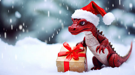 Dragon against the background of falling snow. Symbol of the New Year. Space for text.の素材