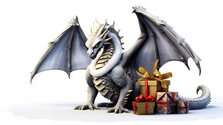 Dragon with a gift box on a white background. Christmas shopping.の素材
