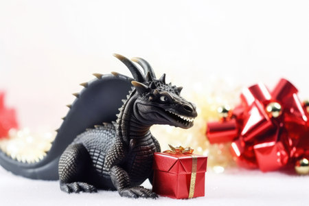 A dragon in a Santa Claus hat on a white background. The concept of Christmas and New Year.の素材