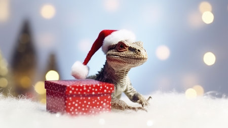 The dragon, with a gift box, symbolizes both the New Year and Christmas. Holiday shopping sales concept.の素材