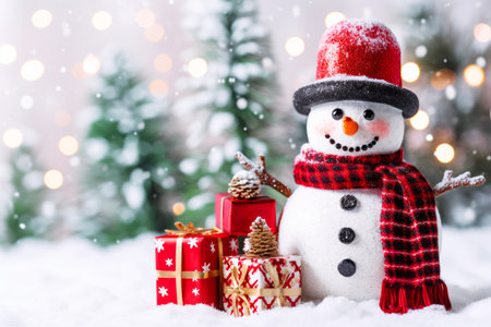 Happy snowman in a hat and scarf with gifts on a winter background. The concept of Christmas shopping.の素材