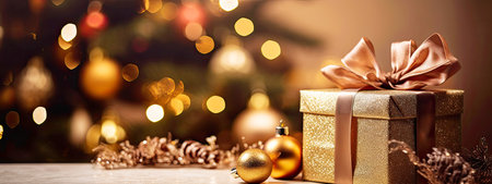 Beautiful gift box for Christmas and New Year. Space for text, banner.の素材