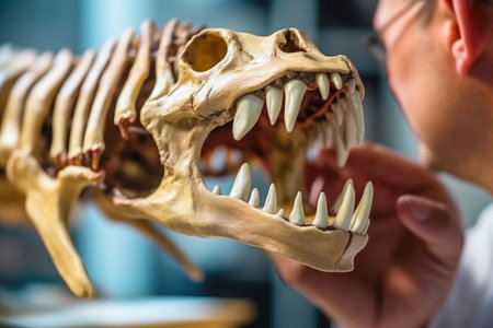 A paleontologist studies the skeleton of a dinosaur.の素材