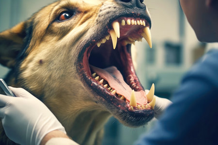 A veterinarian dentist examines a dog's teeth.の素材