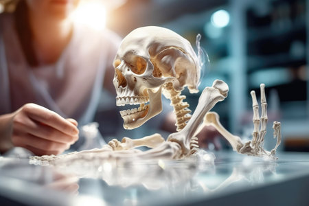 A female scientist studies a human skull in a laboratory. Medical examination of human remains.の素材