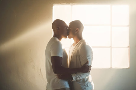 Homosexual love: African American men find comfort and joy in each other's arms in the bedroom.の素材