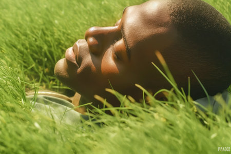 Adult African-American man sleeping in grass close-up.の素材