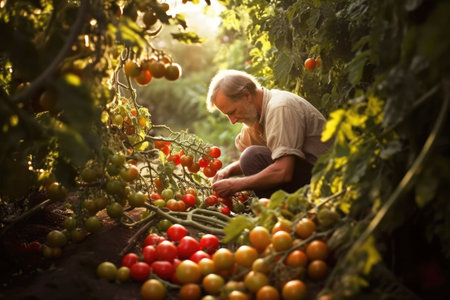 An older man carefully collects ripe tomatoes, exemplifying the notion of harvesting. Generative AI.の素材