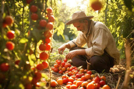 An elderly man picks ripe tomatoes. harvesting concept. Generative AI.の素材