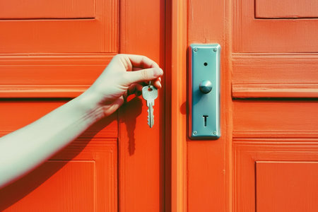 Hand holding a key on the background of the door. The concept of moving to a new place of residence.の素材