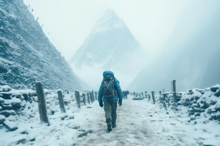 A tourist in winter follows the trail to the mountains. Hiking.の素材