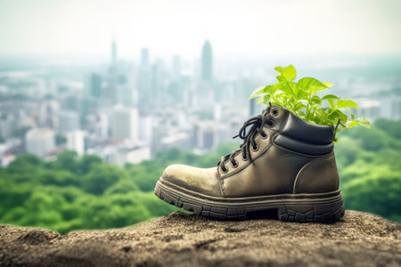 Footwear that actively reduces its carbon emissions, featuring green components and supporting a city-wide recycling system to improve the overall environmental condition.の素材