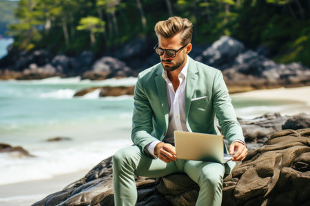 A man in a business suit on the beach. freelancer concept.の素材