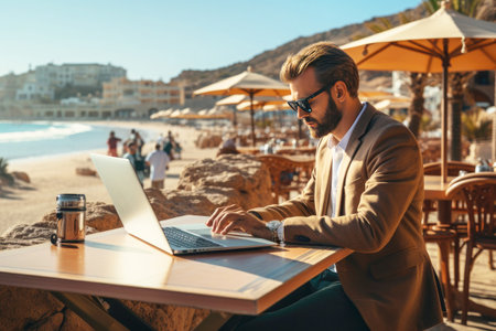 A guy on the beach working with a computer.の素材