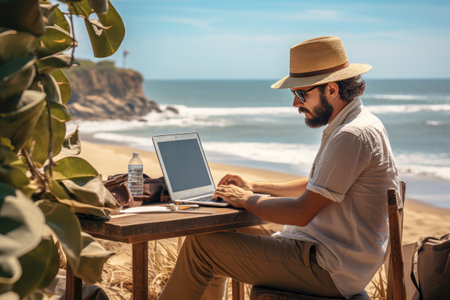 A young man with a beard works on the beach with a laptop. Distant work.の素材