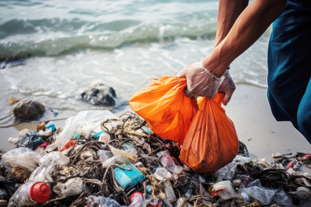Environmental responsibility: Man picks up trash on the beach.の素材