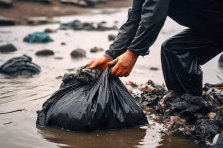 Human hands collect garbage in a plastic bag on the beach.の素材