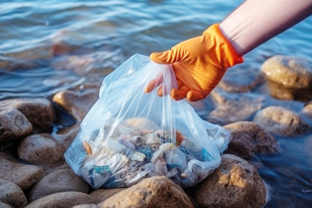 Human hands gather garbage for cleaning on the beach.の素材