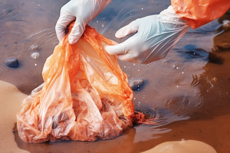 Hands remove debris from the water close-up.の素材