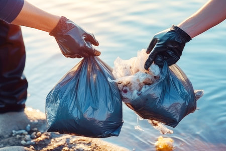 Eco warriors: human hands gather waste to save the environment.の素材