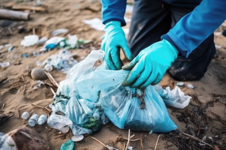 Beach cleanup mission: Human hands gather waste for a cleaner coast.の素材