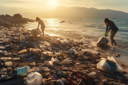 Protecting the coastline: people volunteers for beach cleanup.の素材