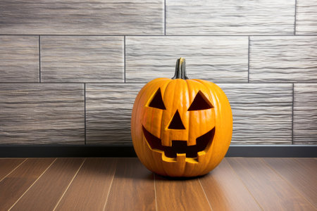 Pumpkin lantern on wooden table.の素材