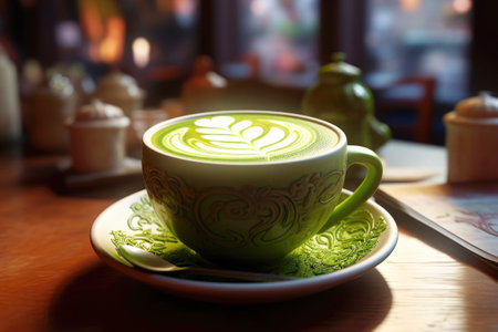 Matcha latte tea on a wooden table.の素材