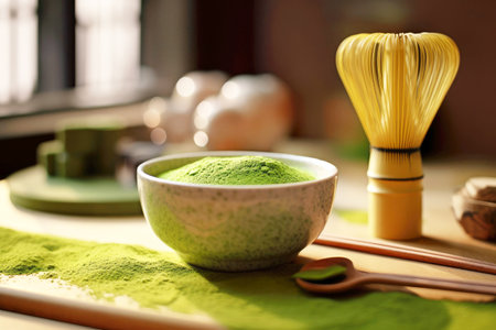 Powdered matcha tea in a bowl with a whisk on the table.の素材