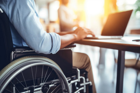 Close up of a man in a wheelchair working at a computer.の素材