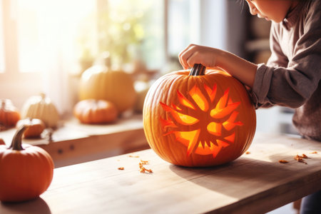 Smiling pumpkin creation: little girl's diy halloween craft.の素材