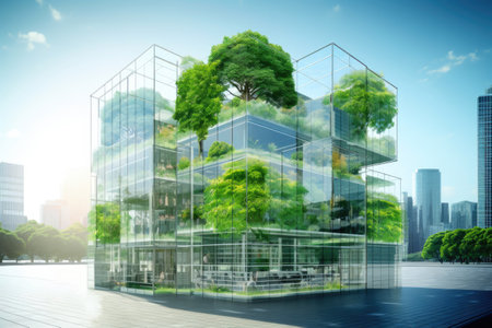 Harmony with nature: environmentally conscious glass building.の素材