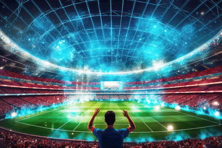 A football fan at a socer stadium. Connected facilities and 5G revolutionize the sports industry.の素材