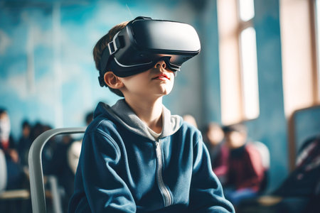 Virtual classroom revolution: schoolboy with VR glasses.の素材