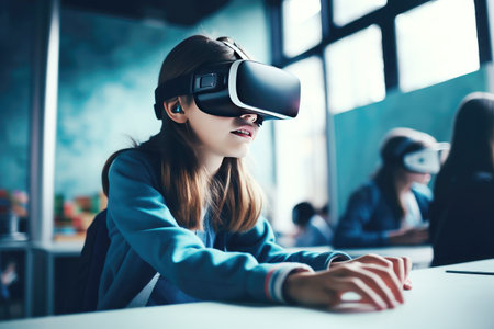 5G powered virtual classroom: schoolgirl with VR gear.の素材