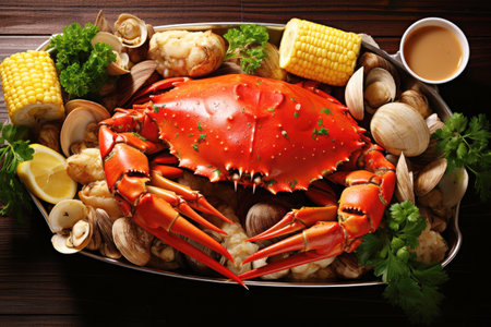 Mouthwatering crab and shrimp dinner with corn on wooden table.