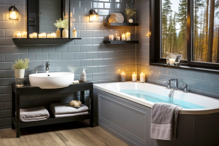 Beautiful interior in a luxurious bathroom with a bathtub, a washbasin and a window. Scandinavian design.の素材