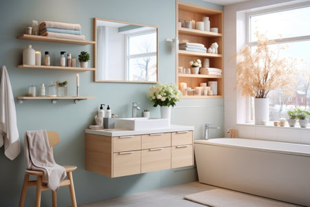 The interior of the Scandinavian bathroom with light blue walls and light wood furniture.の素材