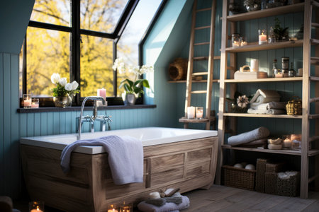 Bath upholstered in light wood near the window in the bathroom with blue walls.の素材