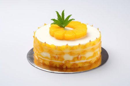 Delicious pineapple fruitcake dessert on a white background.の素材