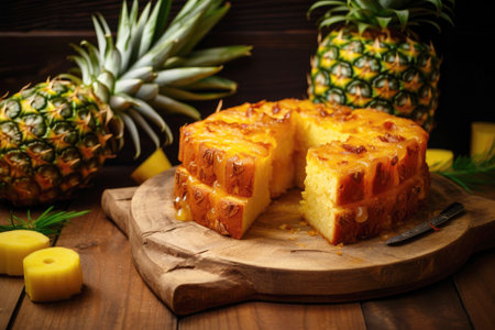 Tasty pineapple dessert on wooden table.の素材