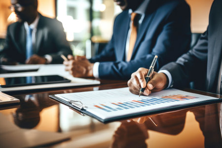 Financial growth strategy: afro american businessmen look at investment charts.の素材
