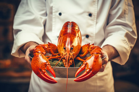 A man cook holds a cooked lobster in his hands.の素材