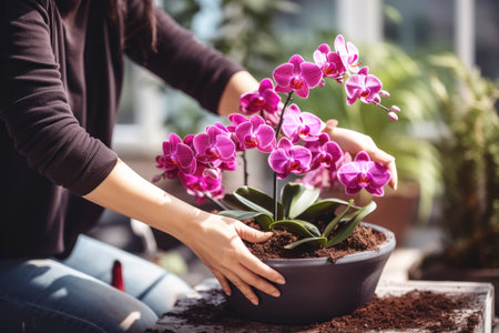 A woman lovingly tends to a blooming purple phalaenopsis orchid.の素材