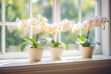 The indoor beauty of phalaenopsis orchid is unveiled through its exotic white flowers on the window.の素材