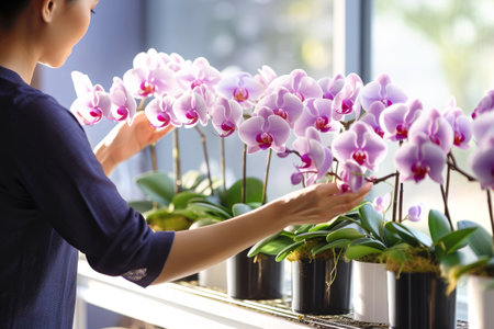 Tender hands nurture a blooming Phalaenopsis orchid on the windowsill.の素材