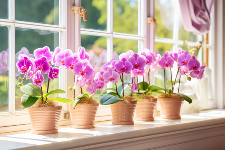 Exquisite lilac blossoms grace the indoor tropical orchid.の素材