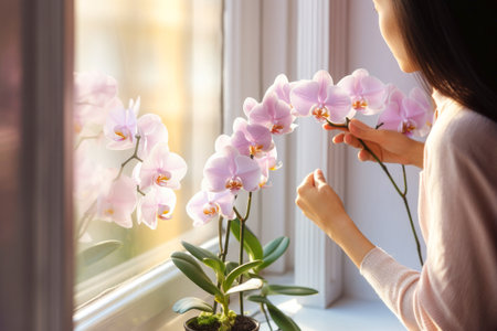 Tending to a blooming Phalaenopsis orchid by the window: woman's touch.の素材