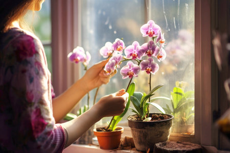 Nurturing a blooming Phalaenopsis orchid by the window: a woman's touch.の素材